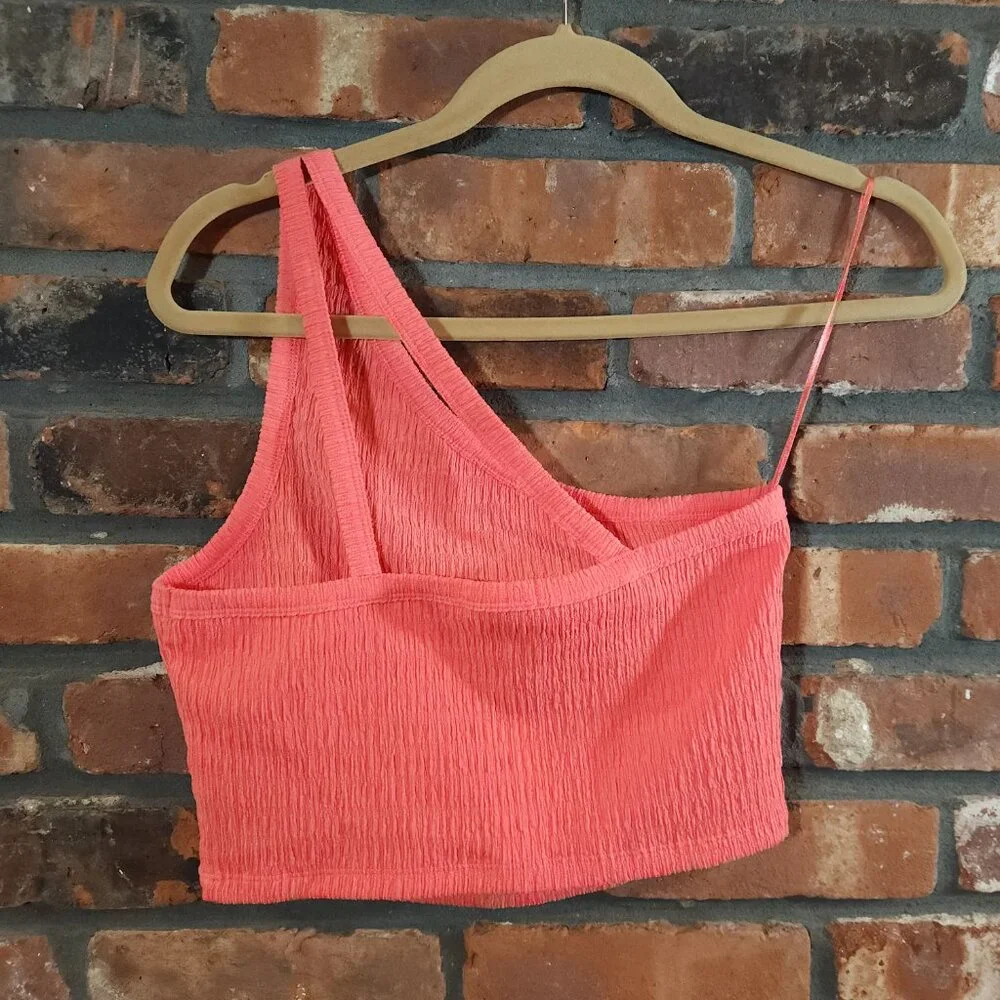 American Eagle Textured One-shoulder Crop Top in Coral Summer Women's L NWT - Picture 5 of 6